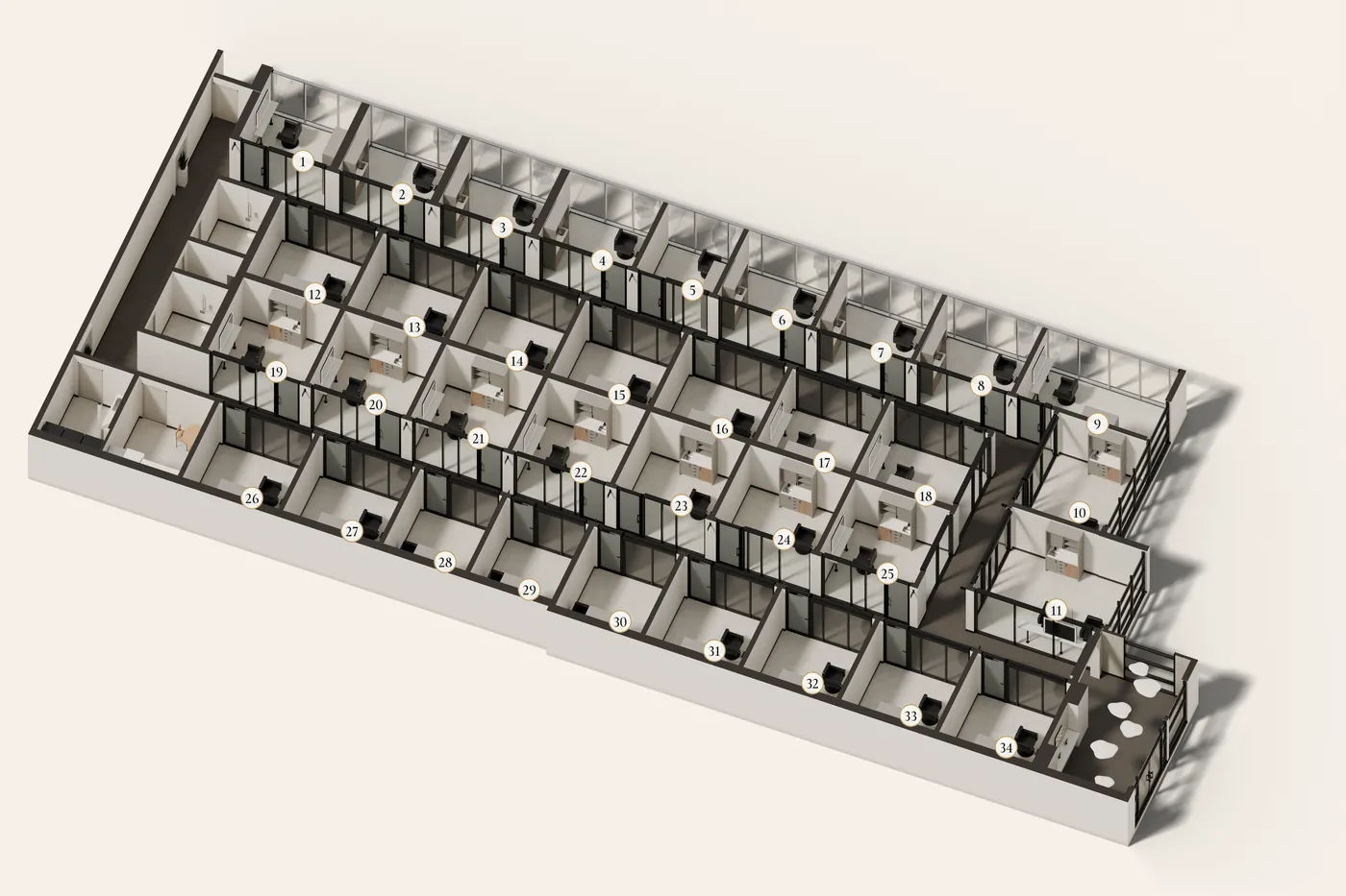 3D plan of all 34 studios at Capri Centre, numbered