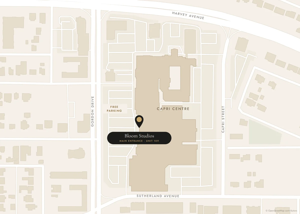 Map of Capri Centre with the Bloom Studios main entrance on the west side, facing the free parking off Gordon Drive
